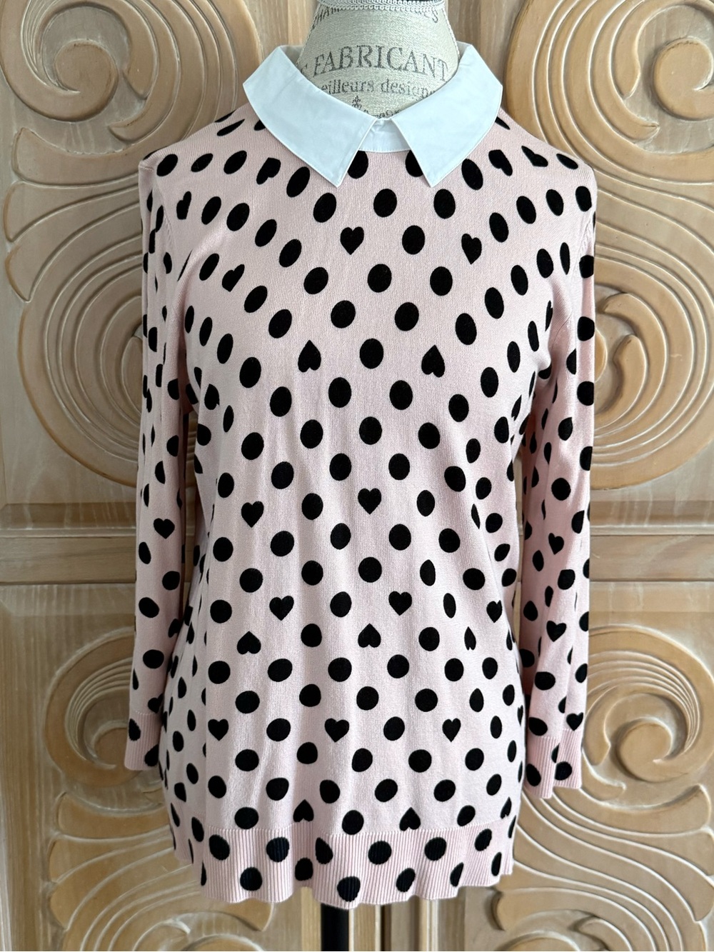 Cable & Gauge Pink Polka Dots w/Hearts Long Sleeve Sweater w/White Collar Sz L